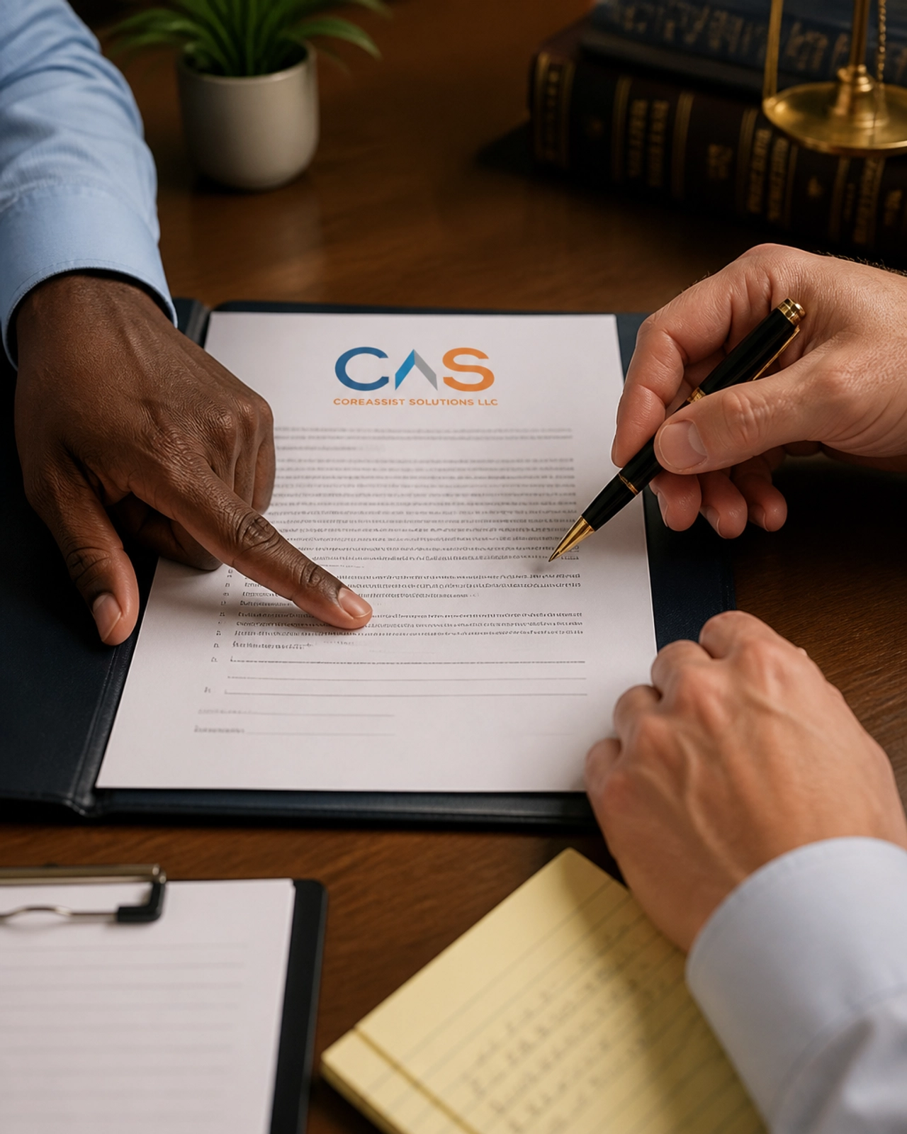 Two professionals reviewing a document together