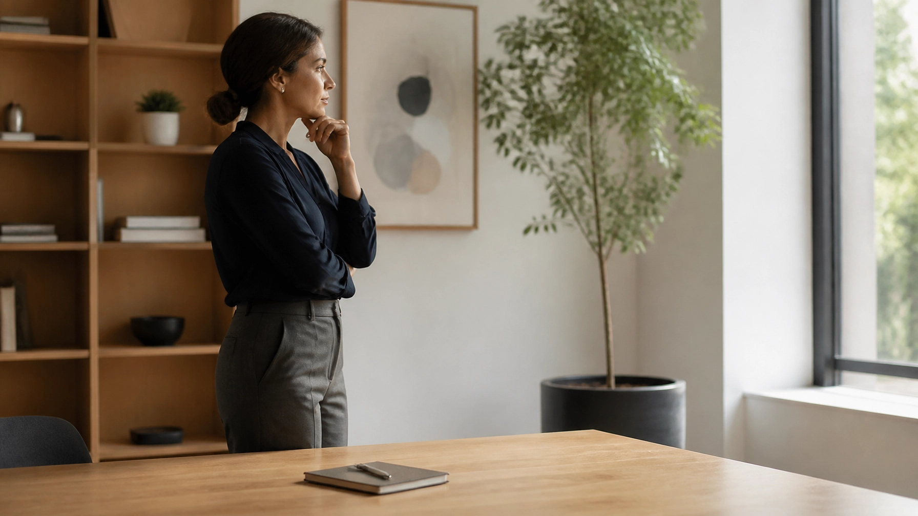 A professional pausing to think through a problem in a calm, organized office