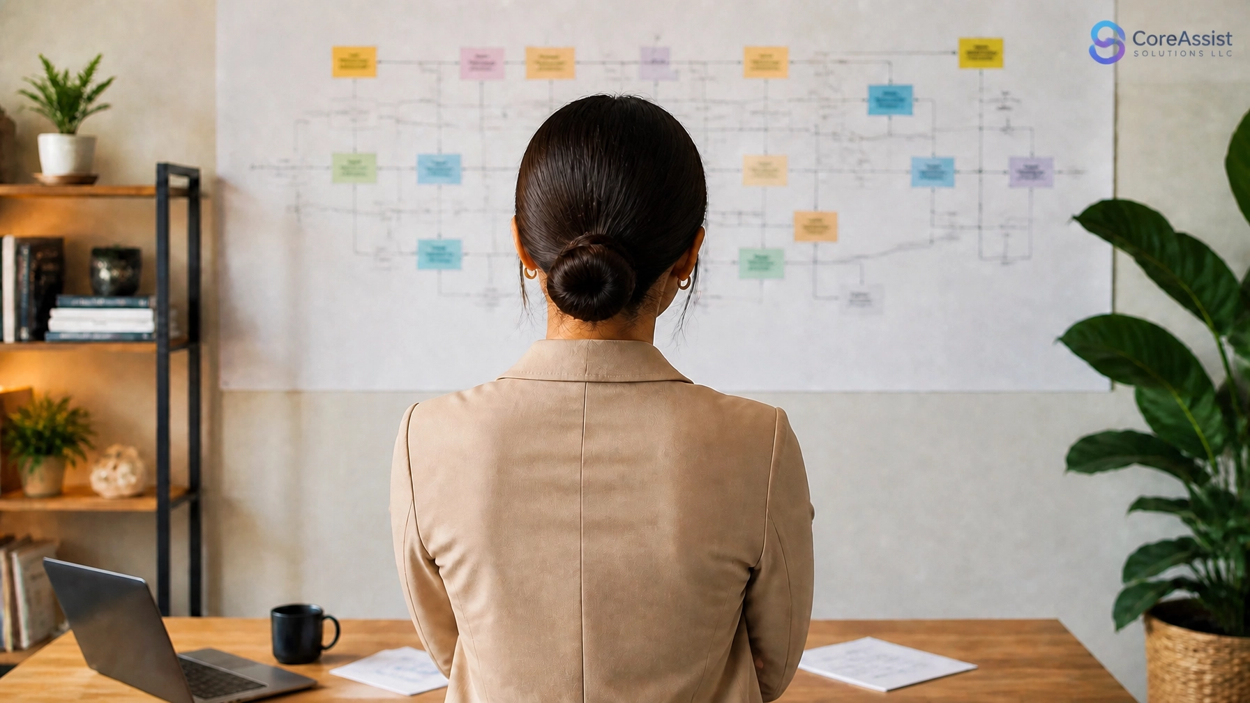 A professional studying a workflow diagram on a wall
